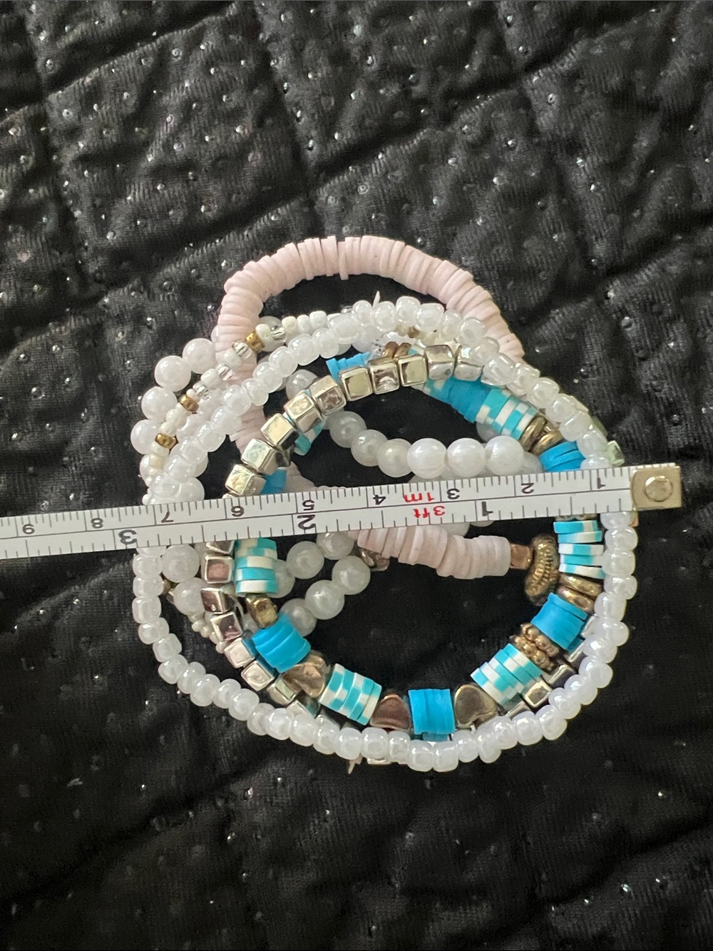 Boho Beaded Stretch Bracelet Stack Set – 6 Pieces (Blue, Pink, White, Silver)